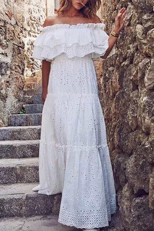 White Off-the-shoulder Ruffled Lace Dress - Mislish