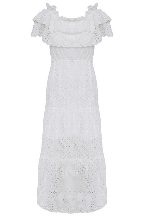 White Off-the-shoulder Ruffled Lace Dress - Mislish