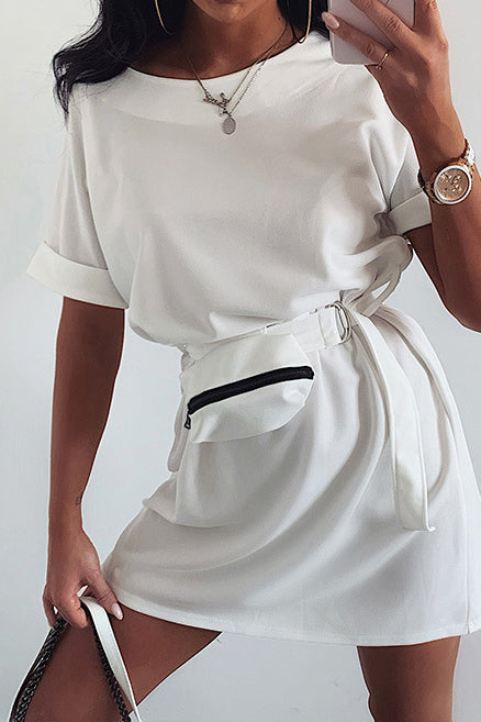 Scoop Roll Up Sleeve Casual Dress With Belt - Mislish