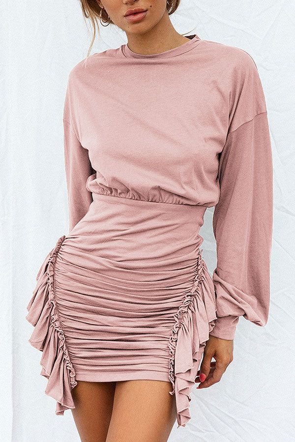 Scoop Long Sleeve Shirred Short Dress - Mislish