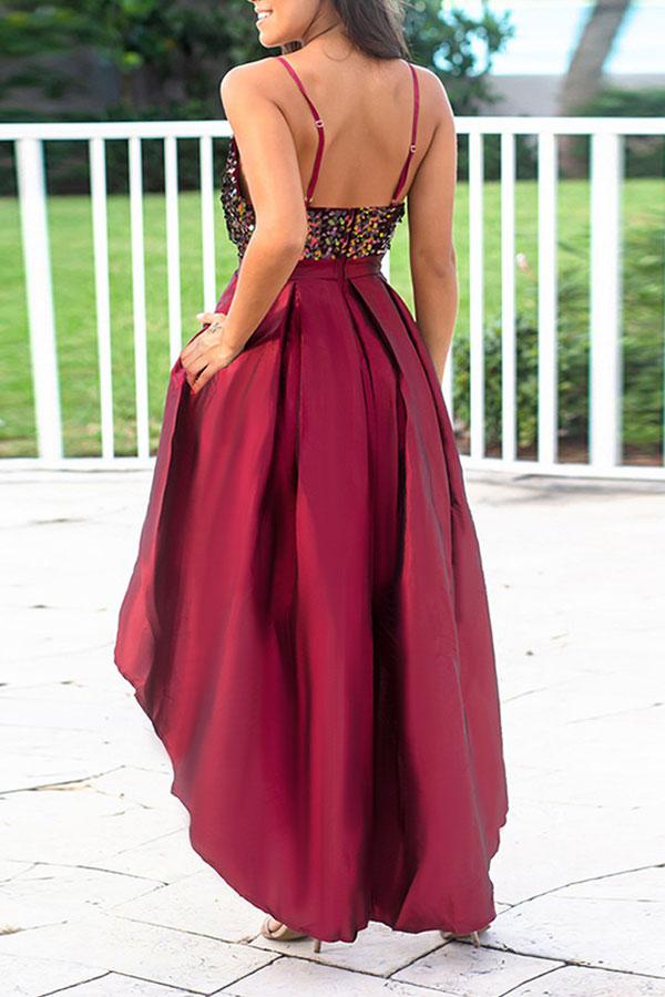 Sequin Panel High Low Satin Prom Dress