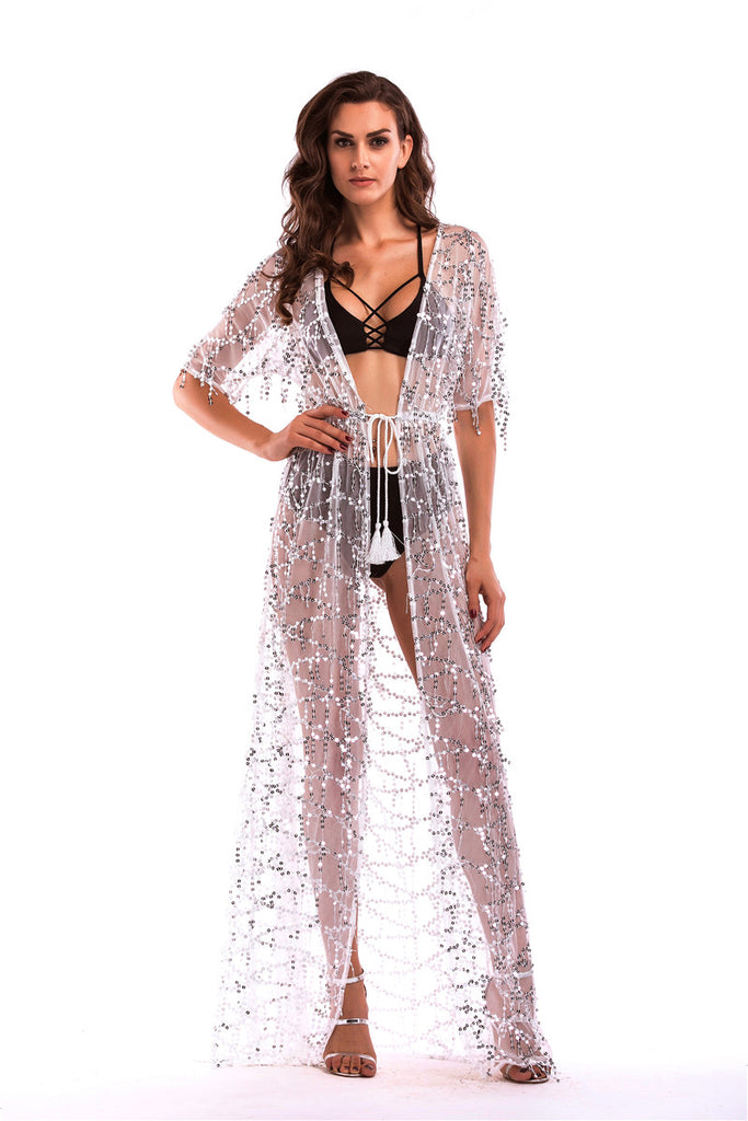 Sequined Tasseled Lace-up See Through Long Maxi Dress - Mislish