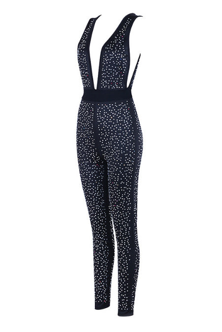 Sexy Black Deep V-neck Sparkly Beaded Jumpsuit