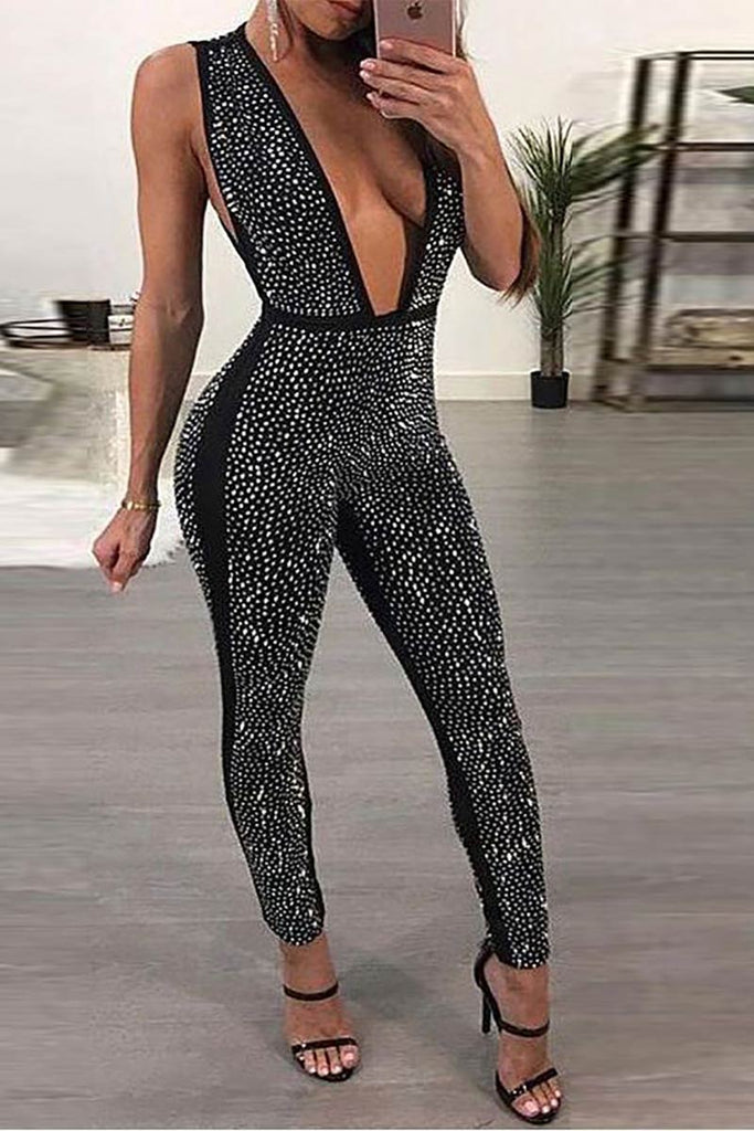 Sexy Black Deep V-neck Sparkly Beaded Jumpsuit