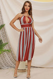Sexy Halter Empire Waist Cutout Striped Dress - Mislish