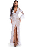 Sexy High Split Long Sleeve Prom Gown Evening Dress