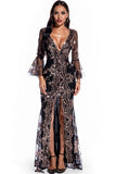 Sexy High Split Long Sleeve Prom Gown Evening Dress
