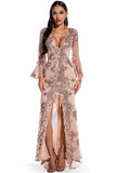 Sexy High Split Long Sleeve Prom Gown Evening Dress