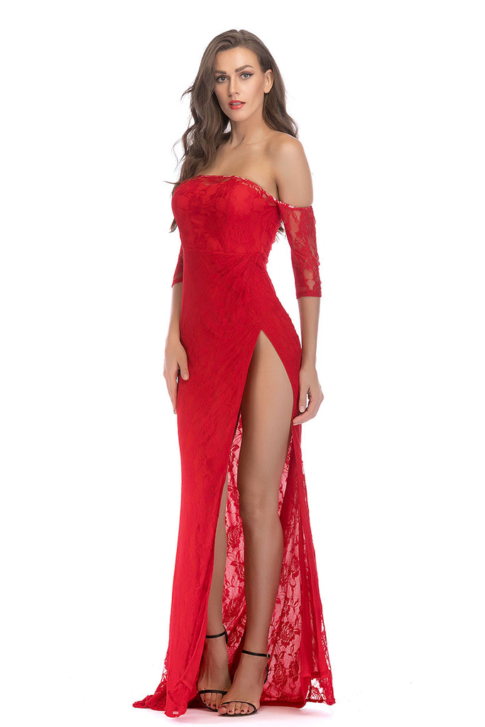 Sexy Red Off-the-shoulder Lace Thigh-high Slit Long Dress - Mislish