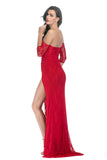 Sexy Red Off-the-shoulder Lace Thigh-high Slit Long Dress - Mislish