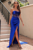 Sexy Royal Blue Strapless High Split Evening Dress