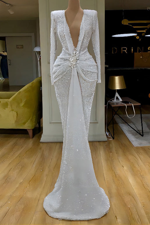 Sexy White Plunging Long Sleeve Evening Dress