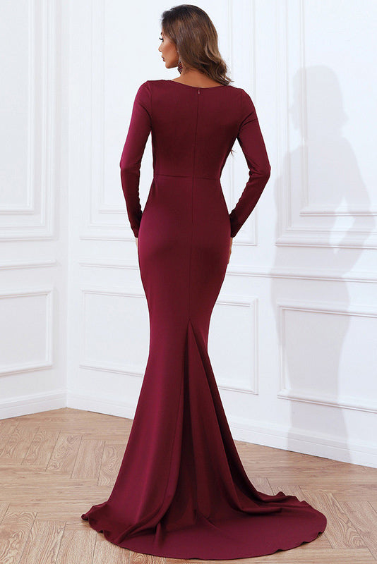 Burgundy Cut Out Long Sleeve Prom Evening Dresses