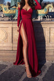 Sexy Burgundy High Slit Long Sleeve Evening Formal Dress 