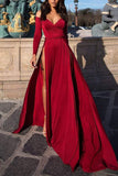 Sexy Burgundy High Slit Long Sleeve Evening Formal Dress 