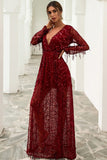 Sexy Burgundy Long Sleeve Plunging Prom Evening Dress