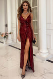 Sexy Burgundy Sequins Backless High Split Evening Dress
