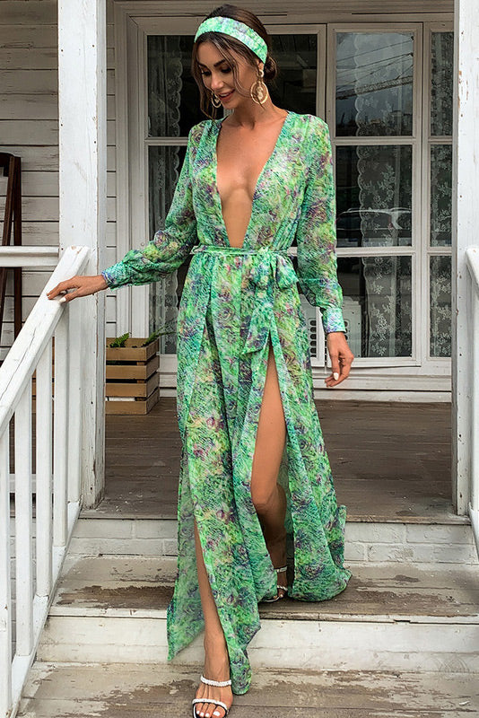 Sexy Green See Through Long Sleeve Dress