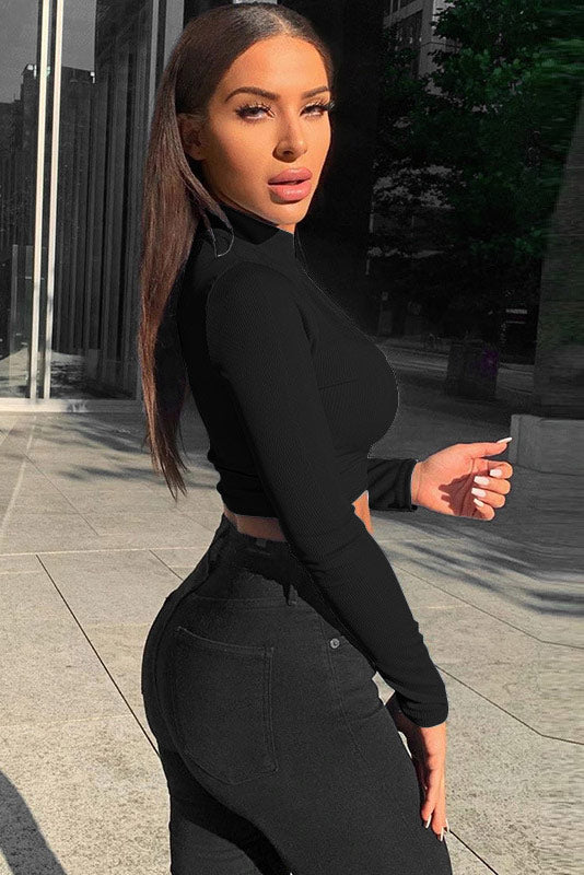 Sexy Grey Long Sleeve Elastic Crop Cut Out Top