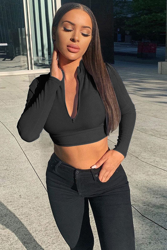 Sexy Grey Long Sleeve Elastic Crop Cut Out Top