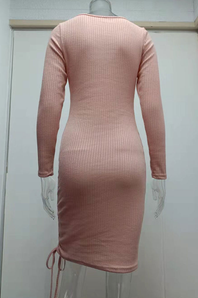 Sexy Grey Knitted Sweater V-neck Long-sleeve Slim Pleated Dress