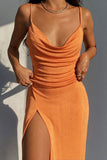 Sexy Knitted Orange Split Spaghetti Straps Dress