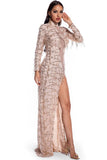 Sexy Long Sleeve High Split Champagne Evening Dresses 