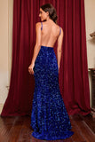 Sexy Open Back Royal Blue Sequin Evening Dress