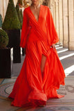 Sexy Orange Long Sleeve High Split Evening Dress