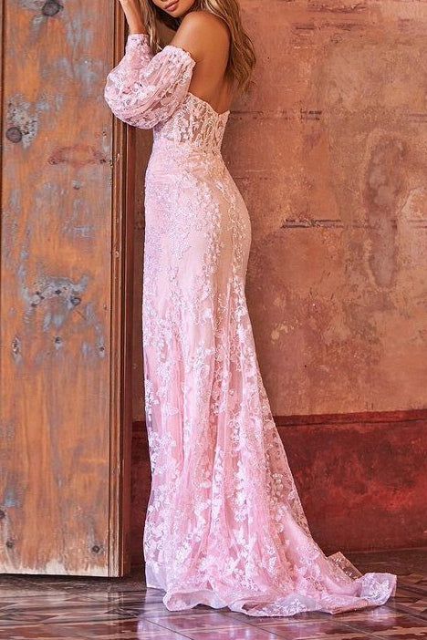 Sexy Pink Lace High Split Evening Prom Dresses
