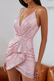 Sexy Pink Sequins Plunging Party Dress
