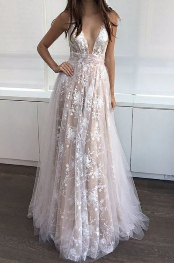 Sexy Plunging Sleeveless A-Line Prom Gown Evening Dress