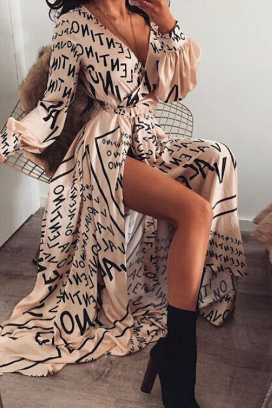 Sexy Print Long Sleeve Wrap Maxi Dress