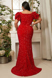 Sexy Red Side Slit Sequins Prom Gown Evening Dress
