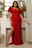 Sexy Red Side Slit Sequins Prom Gown Evening Dress