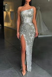Sexy Silver High Split Strapless Prom Evening Dress