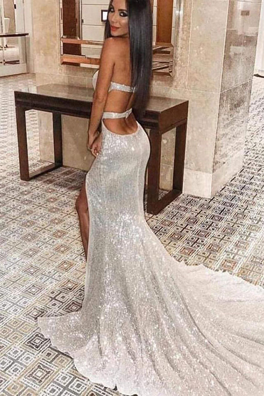 Sexy Strapless Backless Sequined Evening Dress
