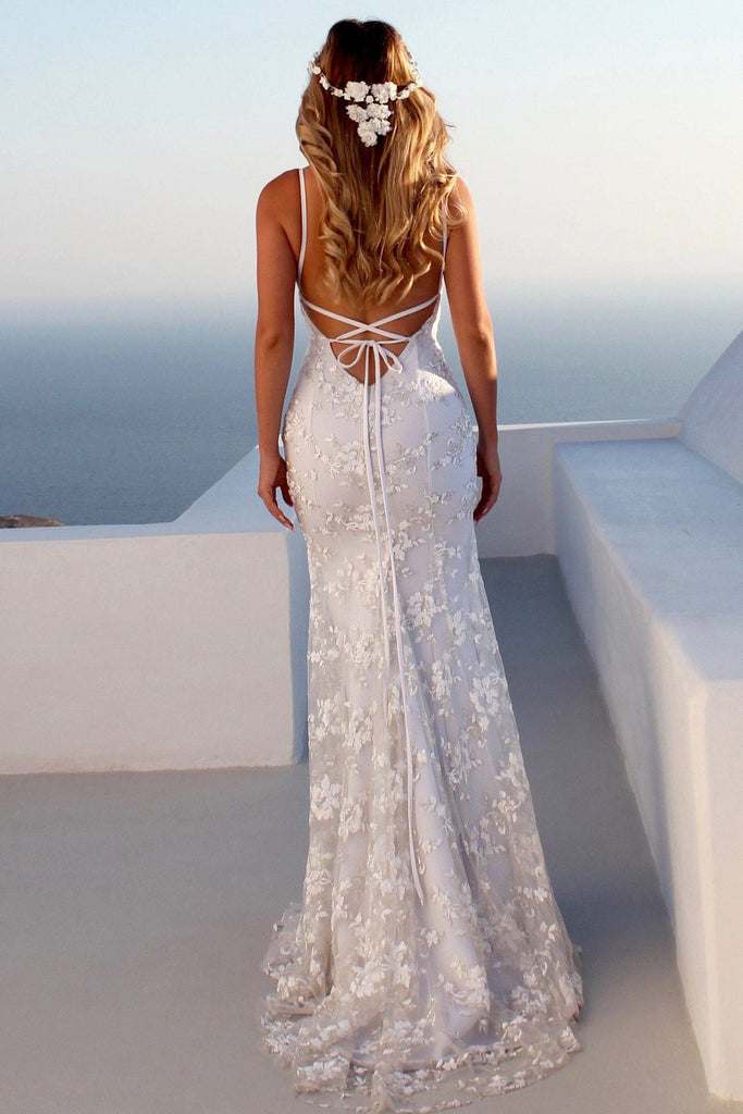 Sexy White Backless Lace Evening Gown Wedding Dress