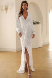 Sexy White Long Sleeve Plunging Evening Prom Dresses