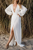 Sexy White Long Sleeve Plunging Maxi Dress