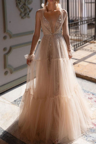 Champagne Backless Sequin Overlay Prom Dress
