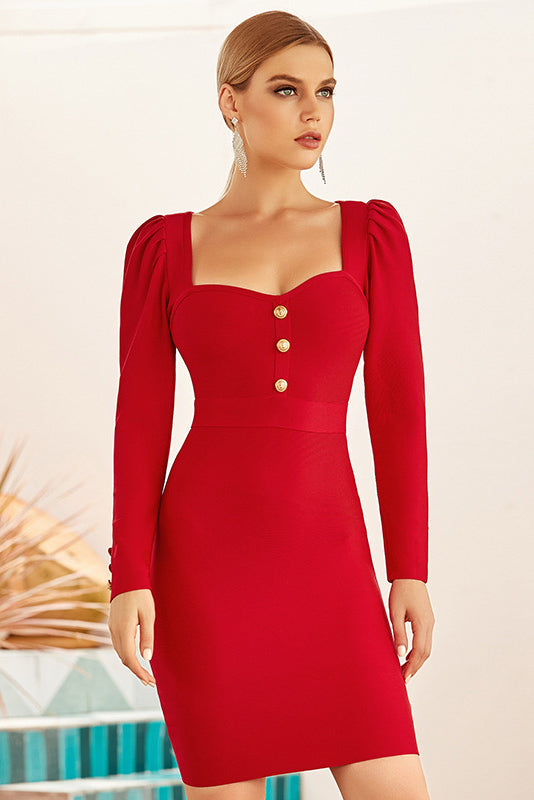 Short Red Long Sleeve Party Bandage Dress 