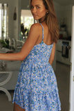 Short Blue Floral Spaghetti Strap A-line Dress