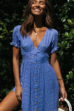 Short Blue V-Neck Printed Dress 