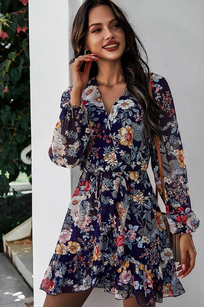 Short Mini V-Neck Long-Sleeved Chiffon Print Dress For Women