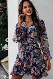 Short Mini V-Neck Long-Sleeved Chiffon Print Dress For Women