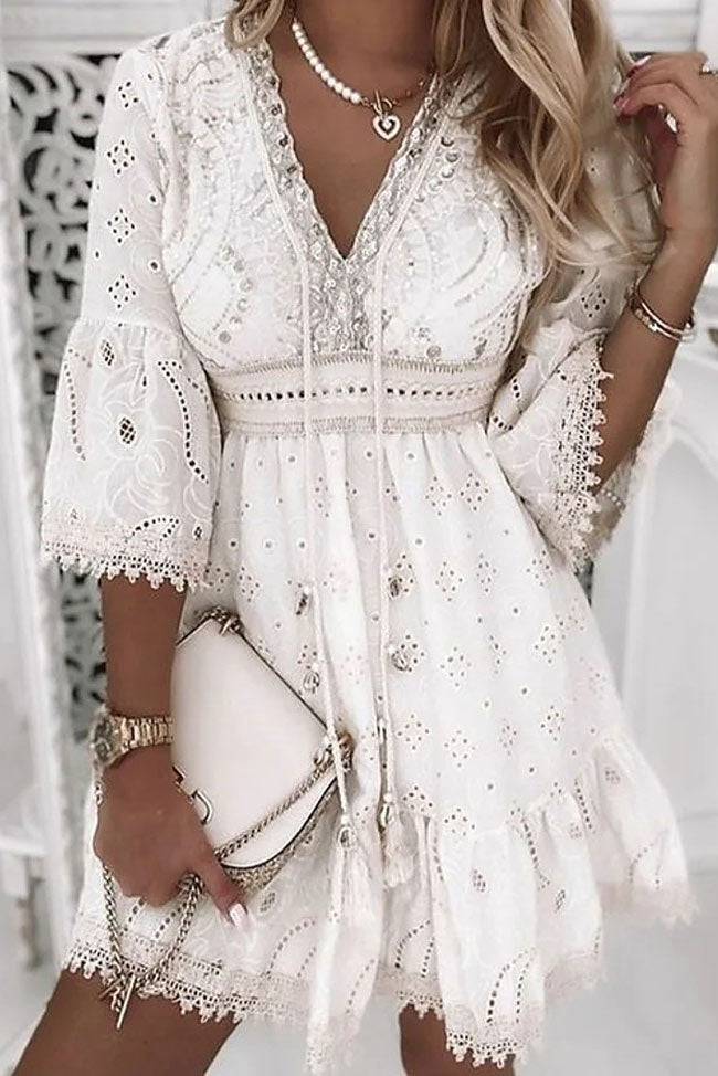 Short Mini White Lace Dress
