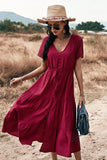Burgundy Short Sleeve  A-Line Summer Dress 