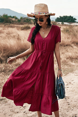 Burgundy Short Sleeve  A-Line Summer Dress 