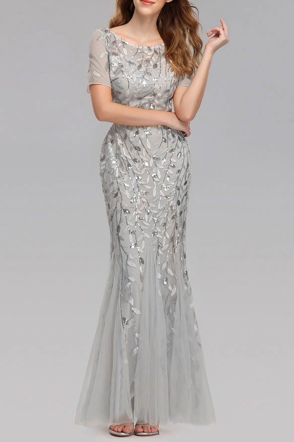 Silver Mermaid Embroidered Formal Dress Prom Gown